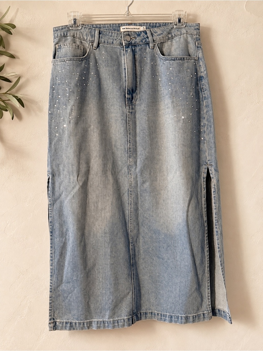 RM Rebecca Minkoff Rhinestone Denim Maxi Skirt Size 14 Light Wash Side Slit